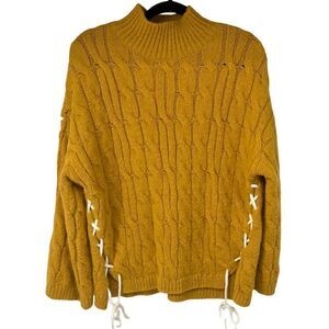 C. Luce Mustard Yellow Laces Sides Cable Knit Soft Sweater